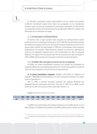 7
Η ΕΝΕΡΓΕΙΑ ΣΤΗΝ ΕΛΛΑΔΑ
2
Η εξωτερική ενεργειακή εξάρτηση της Ευρωπαικής Ένωσης είναι 57% για την EU(15) και 54% για την
EU(27).
1. Ο ελληνικός ενεργειακός τομέας χαρακτηρίζεται από μια
κατανάλωση κυρίως στους τομείς των μεταφορών και του τριτογενούς-
οικιακού τομέα, και από μια ανεπάρκεια της εσωτερικής παραγωγής να ικανοποιήσει
τις ενεργειακές ανάγκες και κατά συνέπεια από μια εξωτερική εξάρτηση αυξημένη και
δαπανηρή για την οικονομία της χώρας.
Ο λιγνίτης είναι η κύρια εγχώρια πηγή ενέργειας και χρησιμοποιείται σχεδόν
αποκλειστικά για την παραγωγή ηλεκτρισμού. Τα 4/5 (85,7%) της συνολικής εγχώριας
κατανάλωσης ενέργειας καλύπτονται από ορυκτά καύσιμα (πετρέλαιο και λιγνίτης). Το
φυσικό αέριο εισήχθη για πρώτη φορά το 1996 και οι ανανεώσιμες πηγές ενέργειας,
εξαιρουμένων των μεγάλων υδροηλεκτρικών, άρχισαν να αποτελούν αξιοσημείωτη
πηγή για την παραγωγή ενέργειας από τα τέλη της δεκαετίας του '90. Η ενεργειακή
εξάρτηση της χώρας είναι πολύ μεγαλύτερη από το κοινοτικό μέσο όρο και αγγίζει το
72% το 2006, εξαιτίας κυρίως των εισαγωγών πετρελαίου και φυσικού αερίου.
Η εξέλιξη της τελικής κατανάλωσης ενέργειας στην Ελλάδα έχει ενδιαφέρον να
παρακολουθηθεί και να αναλυθεί μέσα από τα αντίστοιχα μερίδια του οικιακού
τομέα και των μεταφορών, τα οποία είναι και τα σημαντικότερα.
αυξήθηκε κατά 50% στη διάρκεια της
περιόδου 1990-2006 αντικατοπτρίζοντας την καλή οικονομική κατάσταση της χώρας
κατά την περίοδο αυτή.
Από το 1995, η ελληνική οικονομία σημειώνει μια αξιόλογη βελτίωση των
διαφόρων δεικτών οικονομικής ανάπτυξης. Έτσι από το 1995 έως το 2006, η μέση
ανάπτυξη του ΑΕΠ ήταν περίπου 3,9% το χρόνο (βλ. Πίνακα 1.1).
ολοένα και λιγότερο
αποδοτική
κυρίως
Το 2006 η Συνολική Εγχώρια Κατανάλωση Ενέργειας στην Ελλάδα έφτασε τα 31,5
Mtoe (Σχήμα 1.4). Πρόκειται για αύξηση κατά 40% περίπου από τα επίπεδα του 1990
2
1.1.1 Η Ελλάδα: Μια οικονομία που γίνεται όλο και πιο λαίμαργη
α) Η τελική κατανάλωση ενέργειας
Πίνακας 1.1 Οικονομική Ανάπτυξη στην Ελλάδα
1.1 ΣΥΝΟΛΙΚ ΕΠΙΣΚ ΠΗΣΗH O
1996 1997 1998 1999 2000 2001 2002 2003 2004 2005 2006 1995-2006
2,4% 3,6% 3,4% 3,4% 4,5% 4,2% 3,4% 5,6% 4,9% 2,9% 4,5% 3,9%ΑΕΠ
 