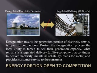Deregulated Electricity Generator       Regulated Delivery (Utility Co)




Deregulation means the generation portion of electricity service
is open to competition. During the deregulation process the
local utility is forced to sell their generation capacity, what
remains is a regulated delivery (utility) company that continues
to deliver electricity, maintains reliability, reads the meter, and
provides customer service to the consumer.
 