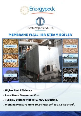 Wood Pellets 
MEMBRANE WALL IBR STEAM BOILER
Briquettes 
Coal Lignite 
♦ Higher Fuel Efficiency
♦ Less Steam Generation Cost.
♦ Turnkey System with HRU, MDC & Ducting.
♦ Working Pressure From 10.54 Kgs/cm2
to 17.5 Kgs/cm2
.
Indonesian Coal Wood Chips 
 