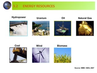 Hydropower Uranium Coal Natural Gas Oil Biomass Wind Source: MME / BEN, 2007 3.2 ENERGY RESOURCES 