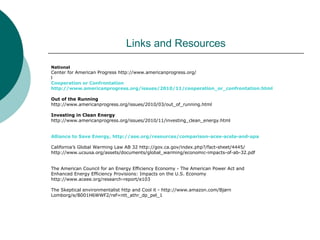 Links and Resources
National
Center for American Progress http://www.americanprogress.org/
l
Cooperation or Confrontation
http://www.americanprogress.org/issues/2010/11/cooperation_or_confrontation.html
Out of the Running
http://www.americanprogress.org/issues/2010/03/out_of_running.html
Investing in Clean Energy
http://www.americanprogress.org/issues/2010/11/investing_clean_energy.html
Alliance to Save Energy, http://ase.org/resources/comparison-aces-acela-and-apa
California’s Global Warming Law AB 32 http://gov.ca.gov/index.php?/fact-sheet/4445/
http://www.ucsusa.org/assets/documents/global_warming/economic-impacts-of-ab-32.pdf
The American Council for an Energy Efficiency Economy - The American Power Act and
Enhanced Energy Efficiency Provisions: Impacts on the U.S. Economy
http://www.aceee.org/research-report/e103
The Skeptical environmentalist http and Cool it - http://www.amazon.com/Bjørn
Lomborg/e/B001H6WWF2/ref=ntt_athr_dp_pel_1
 