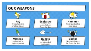 Jupiter is the
biggest planet
OUR WEAPONS
Ray
Mercury is the
smallest planet
Explosive
Venus is the
second planet
from the Sun
Missiles Bullets
Saturn is
composed of
hydrogen
Hammer
Mars is actually a
cold place
Bombs
Neptune is very
far from the Sun
 