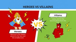 HEROES VS VILLAINS
Mercury is the closest
planet to the Sun and
the smallest one
Venus has a beautiful
name, and it’s the
second planet from the
Sun
Heroes
Villains
 