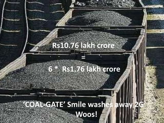 Rs10.76 lakh crore
               =
      6 * Rs1.76 lakh crore



‘COAL-GATE’ Smile washes away 2G
              Woos!
 