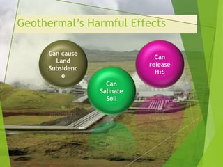 Geothermal’s Harmful Effects
Can
release
H2S
Can cause
Land
Subsidenc
e
Can
Salinate
Soil
 