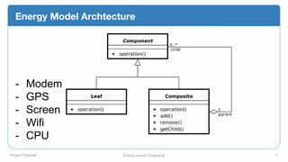 Project Proposal Energy-Aware Computing 7
Energy Model Archtecture
- Modem
- GPS
- Screen
- Wifi
- CPU
 