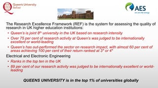 The Research Excellence Framework (REF) is the system for assessing the quality of
research in UK higher education institutions:
• Queen’s is joint 8th university in the UK based on research intensity
• Over 75 per cent of research activity at Queen’s was judged to be internationally
excellent or world-leading
• Queen’s has out-performed the sector on research impact, with almost 60 per cent of
areas achieving 100 per cent of their return ranked at 3* or 4*
Electrical and Electronic Engineering
• Ranks in the top ten in the UK
• 89 per cent of our research activity was judged to be internationally excellent or world-
leading
QUEENS UNIVERSITY is in the top 1% of universities globally
 