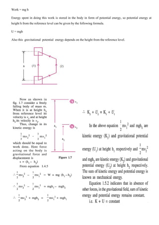 Work = mg h
Energy spent in doing this work is stored in the body in form of potential energy, so potential energy at
height h from the reference level can be given by the following formula.
U = mgh
Also this gravitational potential energy depends on the height from the reference level.
 