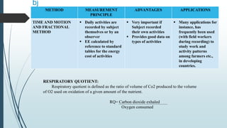 bj
METHOD MEASUREMENT
PRINCIPLE
ADVANTAGES APPLICATIONS
TIME AND MOTION
AND FRACTIONAL
METHOD
 Daily activities are
recorded by subject
themselves or by an
observer
 EE calculated by
reference to standard
tables for the energy
cost of activities
 Very important if
Subject recorded
their own activities
 Provides good data on
types of activities
 Many applications for
instance, has
frequently been used
(with field workers
during recording) to
study work and
activity patterns
among farmers etc.,
in developing
countries.
RQ= Carbon dioxide exhaled
Oxygen consumed
RESPIRATORY QUOTIENT:
Respiratory quotient is defined as the ratio of volume of Co2 produced to the volume
of O2 used on oxidation of a given amount of the nutrient.
 