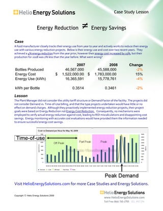 Case Study Lesson
Energy Reduction ≠ Energy Savings
Visit HelioEnergySolutions.com for more Case Studies and Energy Solutions.
Copyright  Helio Energy Solutions 2009
Case
A food manufacturer closely tracks their energy use from year to year and actively works to reduce their energy
use with various energy reduction projects. Below is their energy use and cost over two recent years. They
achieved a 4% energy reduction from the year prior; however their energy cost increased by 15%, but their
production for 2008 was 2% less than the year before. What went wrong?
2007 2008 Change
Bottles Produced 46,567,000 45,588,000 -2%
Energy Cost 1,522,000.00$ 1,783,000.00$ 15%
Energy Use (kWh) 16,365,591 15,778,761 -4%
kWh per Bottle 0.3514 0.3461 -2%
Lesson
The Plant Manager did not consider the utility tariff structure or Demand Factor of the facility. The projects did
not consider Demand vs. Time-of-Use billing, and that the type projects undertaken would have little or no
effect on demand charges. Although they proactively implemented energy reduction projects, their project
goals were based on Energy Reduction not Energy Cost Reduction. Consequently, no mechanisms were
employed to verify actual energy reduction against cost, leading to ROI miscalculations and disappointing cost
savings. Energy monitoring with accurate cost evaluations would have provided them the information needed
to ensure successful energy cost savings.
 