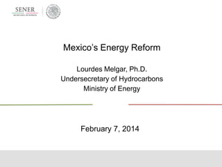 Mexico’s Energy Reform
Lourdes Melgar, Ph.D.
Undersecretary of Hydrocarbons
Ministry of Energy

February 7, 2014

 