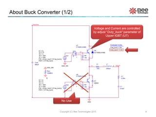 About Buck Converter (1/2)
Copyright (C) Bee Technologies 2015 9
GND
GND_SW
Riso
100MEG
0
D8
DCT300DJH060
DMOD
D7
Vrectif ier
Cout
880uF
GND_SW
VG2
TD = 0
TF = 100n
PW = {Duty _buck*(1/Freq_buck)}
PER = {1/Freq_buck}
V1 = 0
TR = 100n
V2 = 0
R9
15k
U8
CT300DJH060
-
+
+
-
E11
E
1
G2
VG1
TD = 0
TF = 100n
PW = {Duty _buck*(1/Freq_buck)}
PER = {1/Freq_buck}
V1 = 0
TR = 100n
V2 = 15
L1
225uH
1 2
C1
315uF
VBATT
PARAMETERS:
Freq_buck = 10k
Duty _buck = 0.44
rl1
10m
n1
rc1
0.05m
G1
R8
15k
U7
CT300DJH060
-
+
+
-
E10
E
1
No Use
Voltage and Current are controlled
by adjust “Duty_buck” parameter of
Upper IGBT (U7)
 