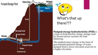 What’s that up
there???
Pumped-storage hydroelectricity (PSH) is
a type of hydroelectric energy storage used
by electric power systems for load
balancing.
The method stores energy in the form of
gravitational potential energy of water,
pumped from a lower elevation reservoir to
a higher elevation.
 