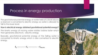 Process in energy production
The gravitational potential energy of water held at a level above
a reservoir is converted to electric energy as water is allowed to
fall to the lower level.
How is electrical energy obtained gravitational potential energy?
The kinetic energy of moving water rotates turbine faster which
then generates electricity - electric energy
Basically, gravitational potential energy of the falling water is
converted to kinetic energy which is also converted to electric
energy.
Ep ---------→ Ek ----------- → Eelectric
 