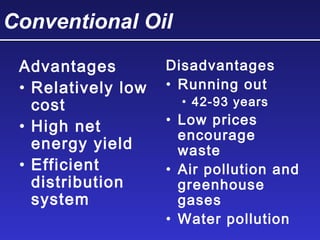 Conventional Oil
Advantages
• Relatively low
cost
• High net
energy yield
• Efficient
distribution
system
Disadvantages
• Running out
• 42-93 years
• Low prices
encourage
waste
• Air pollution and
greenhouse
gases
• Water pollution
 