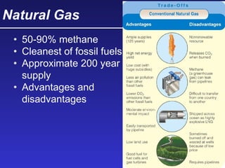 Natural Gas
• 50-90% methane
• Cleanest of fossil fuels
• Approximate 200 year
supply
• Advantages and
disadvantages
 