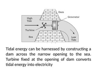 Tidal energy can be harnessed by constructing a
dam across the narrow opening to the sea.
Turbine fixed at the opening of dam converts
tidal energy into electricity
 