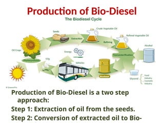 Production of Bio-Diesel
Production of Bio-Diesel is a two step
approach:
Step 1: Extraction of oil from the seeds.
Step 2: Conversion of extracted oil to Bio-
 