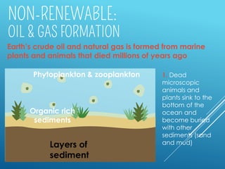 Earth’s crude oil and natural gas is formed from marine
plants and animals that died millions of years ago
1. Dead
microscopic
animals and
plants sink to the
bottom of the
ocean and
become buried
with other
sediments (sand
and mud)
Phytoplankton & zooplankton
Layers of
sediment
Organic rich
sediments
 