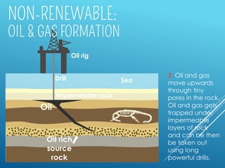 Oil rig
Drill
Oil rich
source
rock
Impermeable rock
Oil
Sea
3. Oil and gas
move upwards
through tiny
pores in the rock.
Oil and gas gets
trapped under
impermeable
layers of rock
and can be then
be taken out
using long
powerful drills.
 