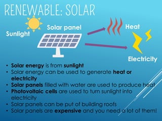 • Solar energy is from sunlight
• Solar energy can be used to generate heat or
electricity
• Solar panels filled with water are used to produce heat
• Photovoltaic cells are used to turn sunlight into
electricity
• Solar panels can be put of building roofs
• Solar panels are expensive and you need a lot of them!
Sunlight
Solar panel Heat
Electricity
 