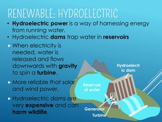  When electricity is
needed, water is
released and flows
downwards with gravity
to spin a turbine.
 More reliable that solar
and wind power.
 Hydroelectric dams are
very expensive and can
harm wildlife.
• Hydroelectric power is a way of harnessing energy
from running water.
• Hydroelectric dams trap water in reservoirs
Reservoir
of water
Hydroelectr
ic dam
Turbine
Generator
 