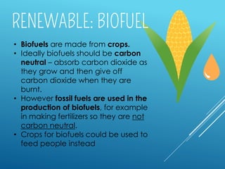• Biofuels are made from crops.
• Ideally biofuels should be carbon
neutral – absorb carbon dioxide as
they grow and then give off
carbon dioxide when they are
burnt.
• However fossil fuels are used in the
production of biofuels, for example
in making fertilizers so they are not
carbon neutral.
• Crops for biofuels could be used to
feed people instead
 
