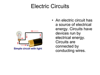 Electric Circuits An electric circuit has a source of electrical energy. Circuits have devices run by electrical energy. Circuits are connected by conducting wires.  