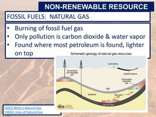 FOSSIL FUELS: NATURAL GAS
VDEO What is Natural Gas
VIDEO: Uses of Natural Gas
• Burning of fossil fuel gas
• Only pollution is carbon dioxide & water vapor
• Found where most petroleum is found, lighter
on top
NON-RENEWABLE RESOURCE
 