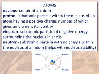 ATOMS
nucleus- center of an atom
proton- subatomic particle within the nucleus of an
atom having a positive charge; number of which
gives an element its identity
electron- subatomic particle of negative energy
surrounding the nucleus in shells
neutron- subatomic particle with no charge within
the nucleus of an atom (helps with nucleus stability)
 