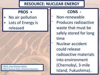 PROS +
+ No air pollution
+ Lots of Energy is
released
CONS -
⁻ Non-renewable
⁻ Produces radioactive
waste that must be
safely stored for long
time
⁻ Nuclear accident
could release
radioactive materials
into environment
(Chernobyl, 3-mile
Island, Fukushima)
RESOURCE: NUCLEAR ENERGY
u41
VIDEO: How Nuclear Works
VIDEO Nuclear Risks, Potential Solutions
 