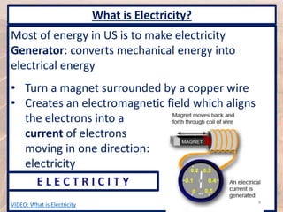 Most of energy in US is to make electricity
Generator: converts mechanical energy into
electrical energy
• Turn a magnet surrounded by a copper wire
• Creates an electromagnetic field which aligns
the electrons into a
current of electrons
moving in one direction:
electricity
VIDEO: What is Electricity
E L E C T R I C I T Y
8
What is Electricity?
 