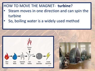HOW TO MOVE THE MAGNET- turbine?
• Steam moves in one direction and can spin the
turbine
• So, boiling water is a widely used method
9
 