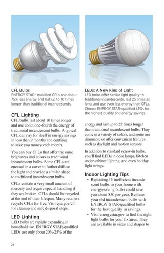 CFL Bulbs

ENERGY STAR®-qualified CFLs use about
75% less energy and last up to 10 times
longer than traditional incandescents.

CFL Lighting

CFL bulbs last about 10 times longer
and use about one-fourth the energy of
traditional incandescent bulbs. A typical
CFL can pay for itself in energy savings
in less than 9 months and continue
to save you money each month.
You can buy CFLs that offer the same
brightness and colors as traditional
incandescent bulbs. Some CFLs are
encased in a cover to further diffuse
the light and provide a similar shape
to traditional incandescent bulbs.
CFLs contain a very small amount of
mercury and require special handling if
they are broken. CFLs should be recycled
at the end of their lifespan. Many retailers
recycle CFLs for free. Visit epa.gov/cfl
for cleanup and safe disposal steps.

LED Lighting

LED bulbs are rapidly expanding in
household use. ENERGY STAR-qualified
LEDs use only about 20%-25% of the
24

LEDs: A New Kind of Light

LED bulbs offer similar light quality to
traditional incandescents, last 25 times as
long, and use even less energy than CFLs.
Choose ENERGY STAR-qualified LEDs for
the highest quality and energy savings.

energy and last up to 25 times longer
than traditional incandescent bulbs. They
come in a variety of colors, and some are
dimmable or offer convenient features
such as daylight and motion sensors.
In addition to standard screw-in bulbs,
you’ll find LEDs in desk lamps, kitchen
under-cabinet lighting, and even holiday
light strings.

Indoor Lighting Tips

•	 Replacing 15 inefficient incandescent bulbs in your home with
energy-saving bulbs could save
you about $50 per year. Replace
your old incandescent bulbs with
ENERGY STAR-qualified bulbs
for the best quality in savings.
•	 Visit energystar.gov to find the right
light bulbs for your fixtures. They
are available in sizes and shapes to 	

 