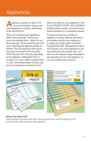 Appliances
ppliances account for about 13%
of your household’s energy costs,
with refrigeration, cooking, and laundry
at the top of the list.

When you shop for a new appliance, look
for the ENERGY STAR® label. ENERGY
STAR products usually exceed minimum
federal standards by a substantial amount.

When you’re shopping for appliances,
think of two price tags. The first one
covers the purchase price—think of it as a
down payment. The second price tag is the
cost of operating the appliance during its
lifetime. You’ll be paying on that second
price tag every month with your utility
bill for the next 10 to 20 years, depending
on the appliance. Refrigerators last an
average of 12 years; clothes washers about
11 years; dishwashers about 10 years; and
room air conditioners last about 9 years.

To help you figure out whether an
appliance is energy efficient, the federal
government requires most appliances
to display the bright yellow and black
EnergyGuide label. Although these labels
will not show you which appliance is the
most efficient on the market, they will
show you the annual energy consumption
and operating cost for each appliance so
you can compare them yourself.

What’s the Real Cost?

Every appliance has two price tags—the purchase price and the operating cost.
Consider both when buying a new appliance.

27

 