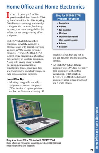 Home Office and Home Electronics
I  n the U.S., nearly 4.2 million
   people worked from home in 2000,
up from 3.4 million in 1990. Working
                                                          Shop for ENERGY STAR
                                                           Products for Ofﬁces
from home saves energy and time by                         • Computers
cutting out the commute, but it may                        • Copiers
increase your home energy bills a lot                      • Fax Machines
unless you use energy-saving ofﬁce                         • Monitors
equipment.                                                 • Multifunction Devices
ENERGY STAR labeled ofﬁce                                    (fax, scanner, copier)
equipment is widely available: it                          • Printers
provides users with dramatic savings,                      • Scanners
as much as 90% savings for some
products. Overall, ENERGY STAR
labeled ofﬁce products use about half                 machines when they are not in
the electricity of standard equipment.                use can result in enormous energy
Along with saving energy directly,                    savings.
this equipment can reduce air-                      • An ENERGY STAR labeled
conditioning loads, noise from fans                   computer uses 70% less electricity
and transformers, and electromagnetic                 than computers without this
ﬁeld emissions from monitors.                         designation. If left inactive,
                                                      ENERGY STAR labeled desktop
Home Office Tips                                      computers enter a sleep mode and
• Selecting energy-efﬁcient ofﬁce                     use 4 watts or less.
  equipment—personal computers
  (PCs), monitors, copiers, printers,
  and fax machines—and turning off

                                                                                                Home Office and Home Electronics




Keep Your Home Ofﬁce Efﬁcient with ENERGY STAR
Home ofﬁces are increasingly popular. Be sure to use ENERGY STAR
ofﬁce equipment to save electricity.

                                                                                           29
 
