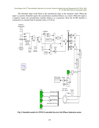 Proceedings of the 2nd International Conference on Current Trends in Engineering and Management ICCTEM -2014 
17 – 19, July 2014, Mysore, Karnataka, India 
Table 3: Seasonal variations of fan speed over a period of 1-year and cooling tower return 
temperature 
154 
Months Period 
(Months) 
Fan Speed (Hz) CTW 
return 
Temp. 
Secondary ckt. 
Inlet Temp. 
Day Night Avg ºC 
ºC 
Mar Apr 
May June 
4 40-50 35-40 40 26-29 29-31 
July Aug 
Sep Oct 
4 30-35 25-30 35 26-29 29-31 
Nov Dec 
Jan Feb 
4 35-40 20-30 30 26-29 29-31 
Considering fluctuation of weather conditions  also the partial loading of cooling 
tower(depending on the Production), it is decided to run the Cooling tower fan at the following 
frequencies in order to have the CTW return temperature approximately equal to the design 
temperature. 
So, from the above table, it is concluded that the regulation of cooling tower fan speed and  
air flow using a VFD -device helps in maintaining optimum cooling tower return temperature even in 
the circumstances when cooling tower is partially loaded and also weather  climatic condition 
fluctuation is substantial. 
V. MATLAB/SIMULINK MODEL 
SPWM Control of an induction motor 
In Sinusoidal PWM three phase reference modulation signals are compared against a 
common triangular carrier wave to generate the PWM signals for the three phases. Fig:3 represents 
the closed loop speed control of 3 phase IM (represents the fan of the Cooling Tower). To have 
closed loop control temperature sensor is used to sense the temperature of the inlet water to the 
cooling tower and the feedback is given to VFD to accordingly set the speed (frequency settings) of 
the IM to get the constant water outlet from the Cooling Tower. 
To get the constant water outlet from the Cooling Tower, model consists of a dynamic lookup 
table. The dynamic parameters of the lookup table are Temperature and the corresponding Frequency 
at which the 3 phase IM has to run. From the detailed analysis and discussion made in the previous 
chapter, lookup table has been derived. The inlet water temperature of the Cooling Tower varies 
between 40 ºC to 55 ºC and the corresponding frequency at which the motor has to run to get the 
constant water outlet temperature of 28 ºC to 29 ºC has been arrived by running motor at full speed 
and zero speed. Table below gives the temperature and the corresponding frequency. 
The machine's rotor is short-circuited, and the stator is fed by a PWM inverter, built with 
Simulink blocks and interfaced to the Asynchronous Machine block through the Controlled Voltage 
Source block. 
The inverter uses sinusoidal pulse-width modulation. The base frequency of the sinusoidal 
reference wave is set at 50 Hz and the triangular carrier wave's frequency is set at 1980 Hz. 
 