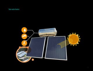 27
Solar water heaters
These devices are very economical and efficient, and require a small-
to medium-sized investment. With basic training, they can be made
locally. They are systems that heat water using the sun’s energy, thus
minimizing the use of gas or electricity.
Generally, systems are installed over the ceiling with a tilt and orienta-
tion designed to capture the maximum sunlight possible. They consist
of a system of tubes that absorb heat from exposure to sunlight and an
insulated storage tank to keep the water hot.
Their size varies with their heating and storage capacity, and they have
a life cycle of 15 to 20 years. When deciding which size is best for your
school, consider the number of people using hot water and the volume
of water required by them. A small solar panel can heat up to 180 liters
of water daily.
Photo: Stan Zurek
 