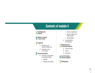 3
Monitoring and
evaluating progress
Tips for finding
financial support
Bibliography
Identifying the
problem
Diagnosis
Making a change
in your school
Recommendations
•	 Estimating your
school’s energy use
•	 Traveling to and 	
from school
•	 Decrease consumption
by changing habits
»» Lighting
»» Heating and cooling
•	 Environmental
•	 Social
•	 Economic
Contents of module 4
»» Electrical appliances
»» Gas for cooking and
heating water
»» Transportation
•	 Use alternative 	
technologies
 