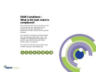 ESOS Compliance : 
What is the best route to 
compliance? 
Quite simply the best route to compliance is the 
one that best fits your organisations short, 
medium and long term objectives. All 
approaches have their merits, all have potential 
weakness. 
Your approach to compliance should be agreed 
with your appointed lead auditor. Early in the 
engagement a digitalenergy lead auditor will 
provide a gap analysis that would identify 
feasible routes to compliance. 
The contents of this document provide 8 steps 
to ESOS compliance with digitalenergy 
1 2 3 4 5 6 7 8 
 