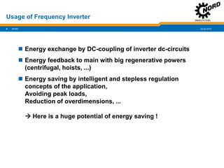 22.02.20198
Usage of Frequency Inverter
NORD
 Energy exchange by DC-coupling of inverter dc-circuits
 Energy feedback to main with big regenerative powers
(centrifugal, hoists, ...)
 Energy saving by intelligent and stepless regulation
concepts of the application,
Avoiding peak loads,
Reduction of overdimensions, ...
 Here is a huge potential of energy saving !
 