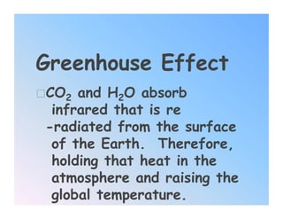 Greenhouse Effect
 CO2 and H2O absorb
   infrared that is re
 -radiated from the surface
   of the Earth. Therefore,
   holding that heat in the
   atmosphere and raising the
   global temperature.
 