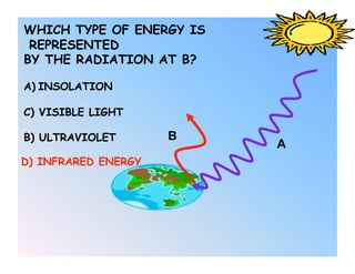 WHICH TYPE OF ENERGY IS
 REPRESENTED
BY THE RADIATION AT B?

A)  INSOLATION

C) VISIBLE LIGHT

B) ULTRAVIOLET       B
                          A
D) INFRARED ENERGY
 