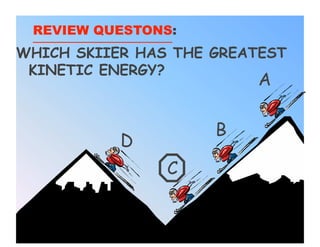 REVIEW QUESTONS:
WHICH SKIIER HAS THE GREATEST
 KINETIC ENERGY?
                         A

                     B
           D
                C
 