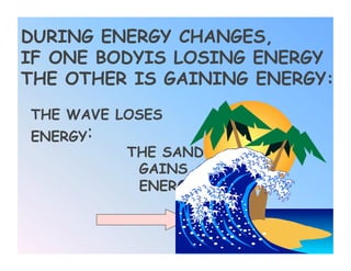 DURING ENERGY CHANGES,
IF ONE BODYIS LOSING ENERGY
THE OTHER IS GAINING ENERGY:
THE WAVE LOSES
ENERGY:
          THE SAND
           GAINS
           ENERGY
 