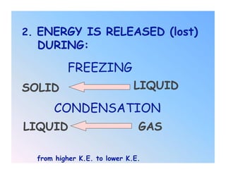 2. ENERGY IS RELEASED (lost)
  DURING:

          FREEZING
SOLID                         LIQUID

      CONDENSATION
LIQUID                         GAS

  from higher K.E. to lower K.E.
 