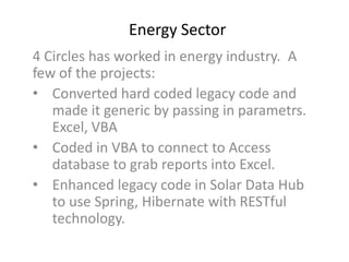 Energy Sector
4 Circles has worked in energy industry. A
few of the projects:
• Converted hard coded legacy code and
made it generic by passing in parametrs.
Excel, VBA
• Coded in VBA to connect to Access
database to grab reports into Excel.
• Enhanced legacy code in Solar Data Hub
to use Spring, Hibernate with RESTful
technology.
 