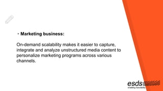 ▸Marketing business:
On-demand scalability makes it easier to capture,
integrate and analyze unstructured media content to
personalize marketing programs across various
channels.
 