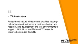 “▸IT infrastructure:
An agile and secure infrastructure provides security-
rich enterprise virtual servers, business backup and
recovery, and development and test environments to
support UNIX, Linux and Microsoft Windows for
improved enterprise flexibility.
 