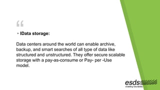 “▸IData storage:
Data centers around the world can enable archive,
backup, and smart searches of all type of data like
structured and unstructured. They offer secure scalable
storage with a pay-as-consume or Pay- per -Use
model.
 